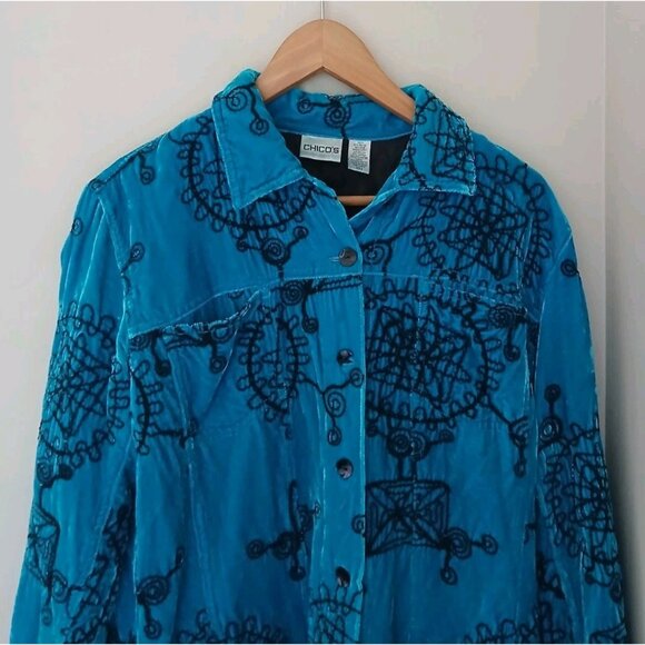 Vtg Chico’s Velvet Embroidered Button Down Silk Jacket Top Size 1 Medium 8 Blue - Picture 2 of 8